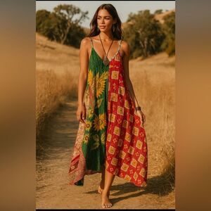 Kantha Maxi Dress Kaftan One Size Boho Stitching Hippie V Neck Brand New Plus